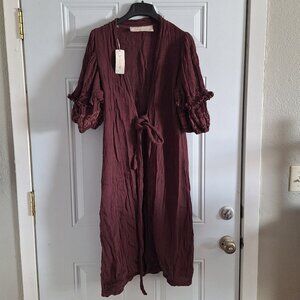 Jen's Pirate Booty burgundy maroon tie-front duster / kimono with puff sleeves